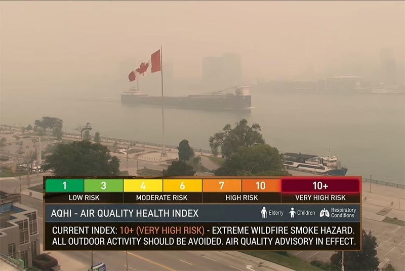 Air Quality Health Index gauge over Windsor, Ontario, showing conditions on July 16, 2026